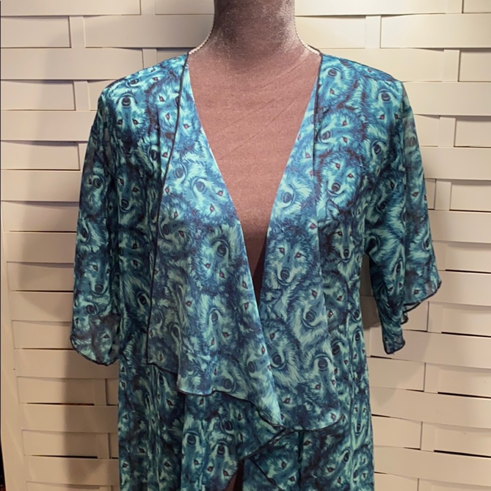 LuLaRoe Teal Wolves Sheer Kimono with black fringe - Picture 2 of 5